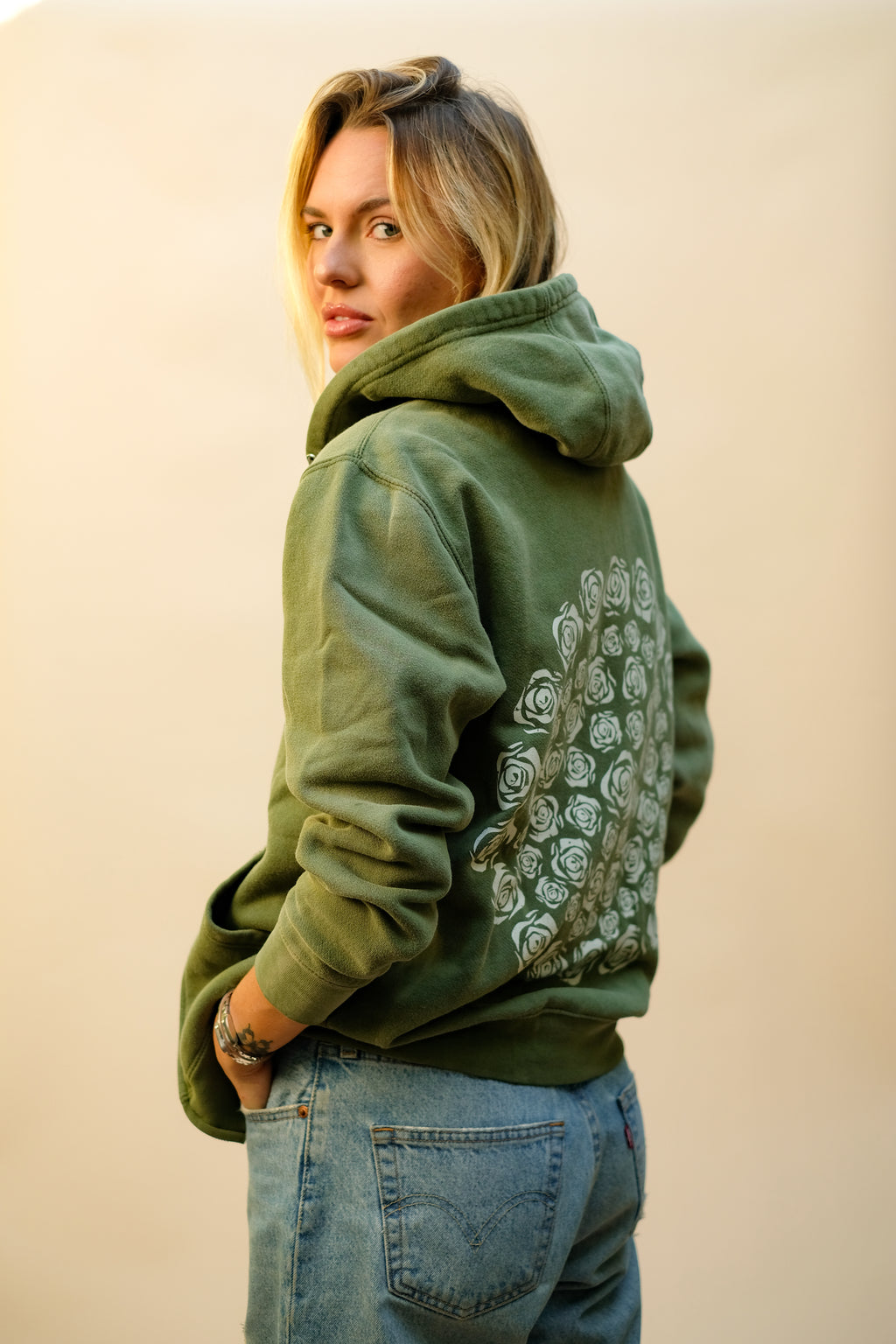 Vintage Olive Green Mineral Wash Rose Zip-Up