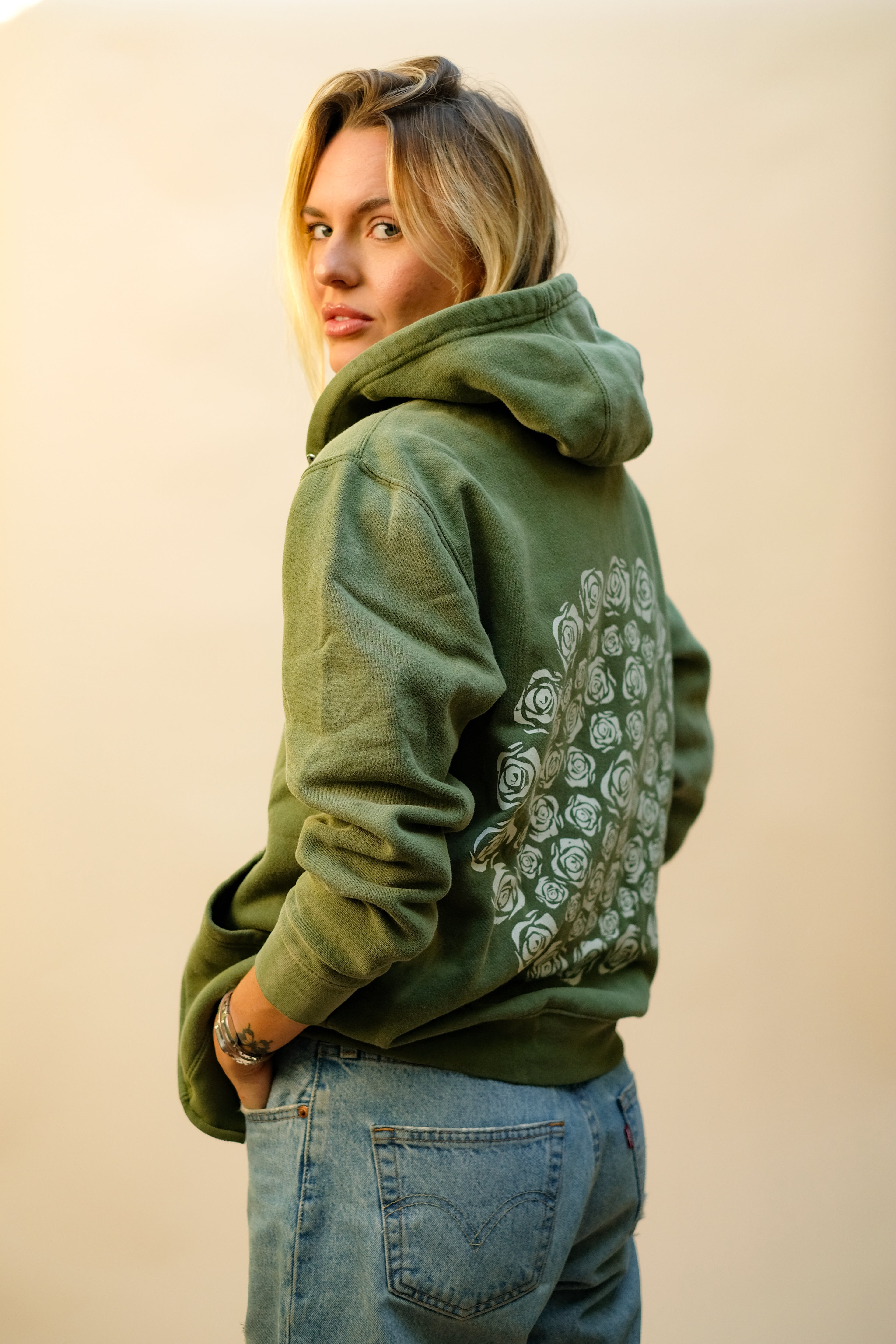 Vintage Olive Green Mineral Wash Rose Zip-Up