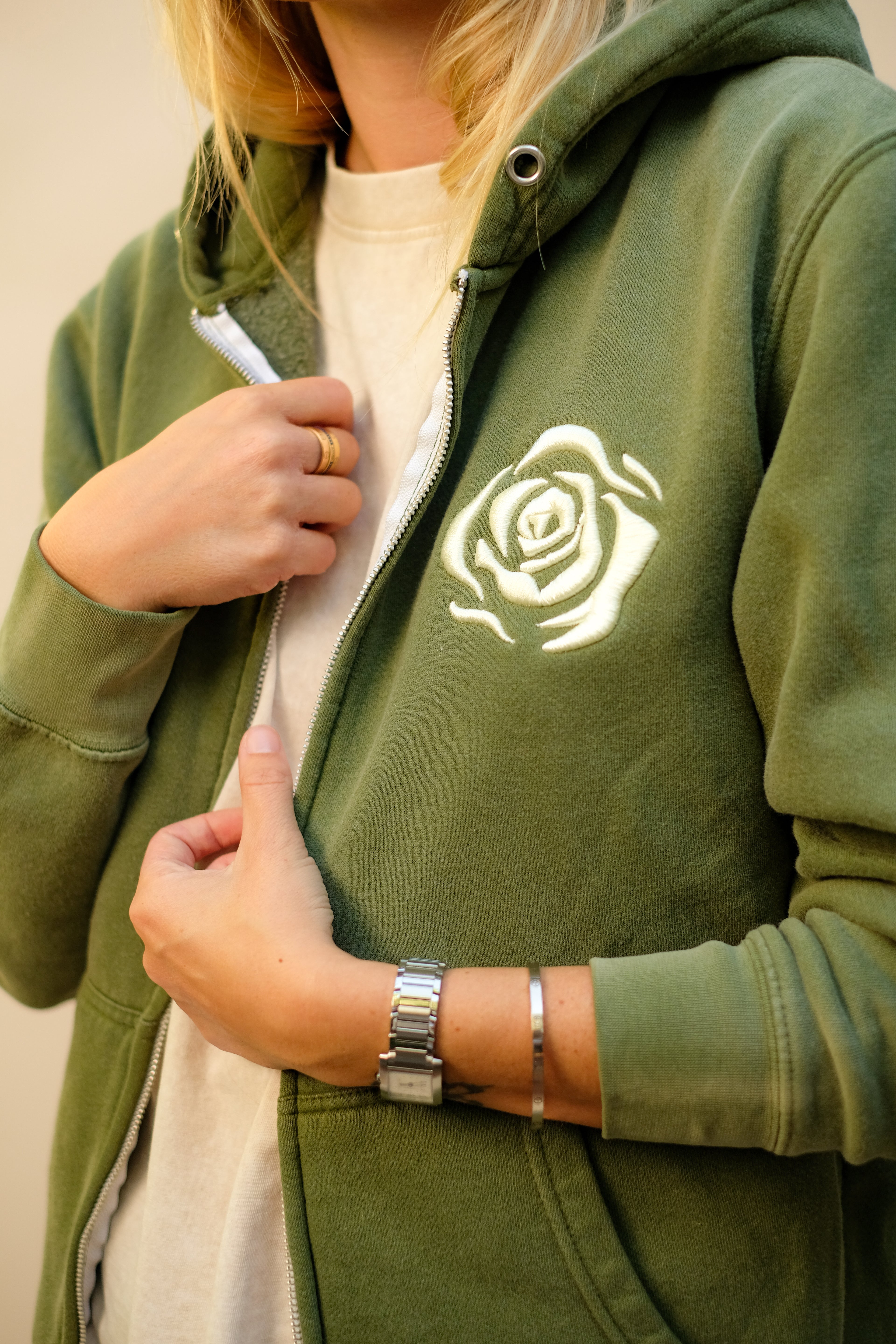 Vintage Olive Green Mineral Wash Rose Zip-Up