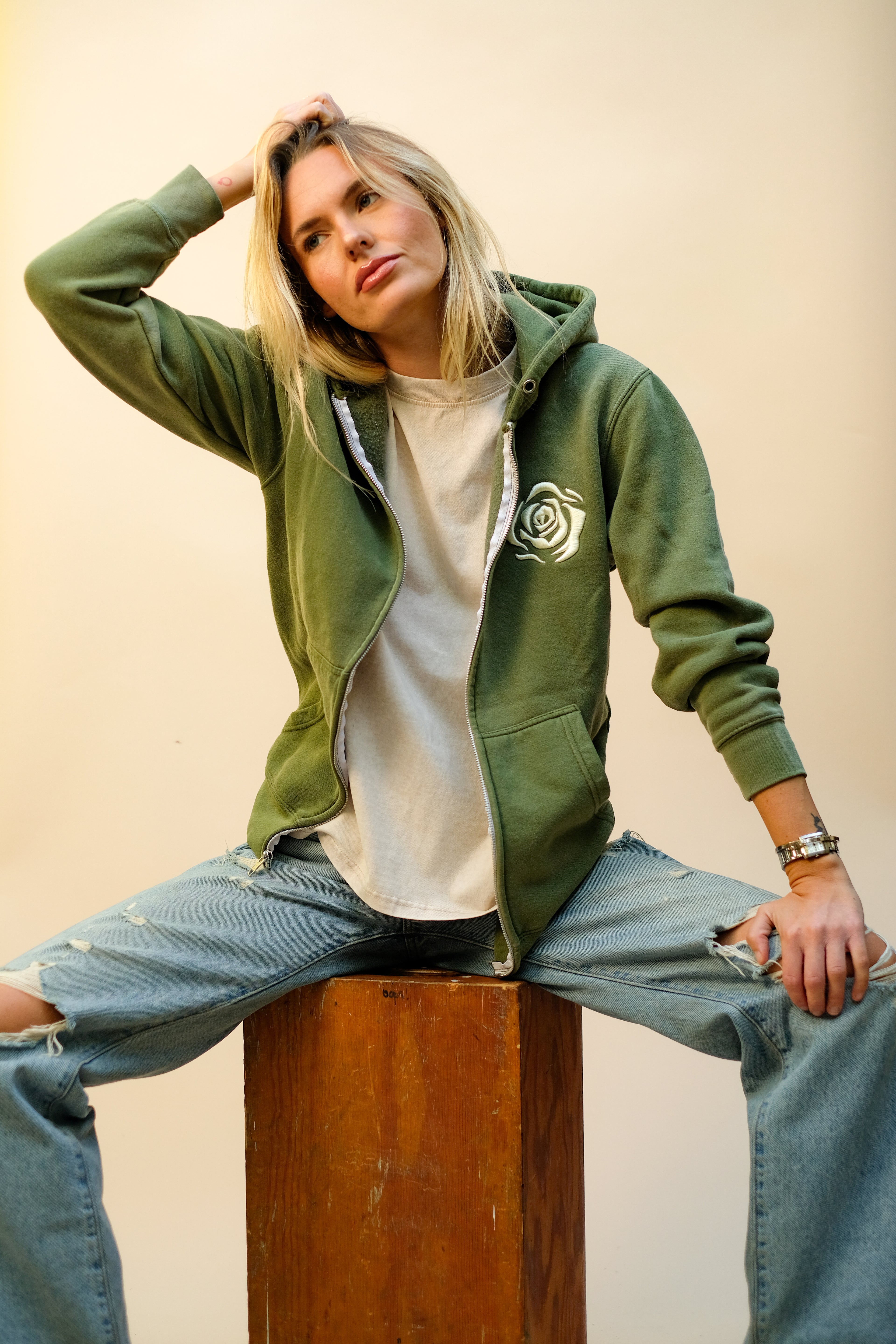 Vintage Olive Green Mineral Wash Rose Zip-Up