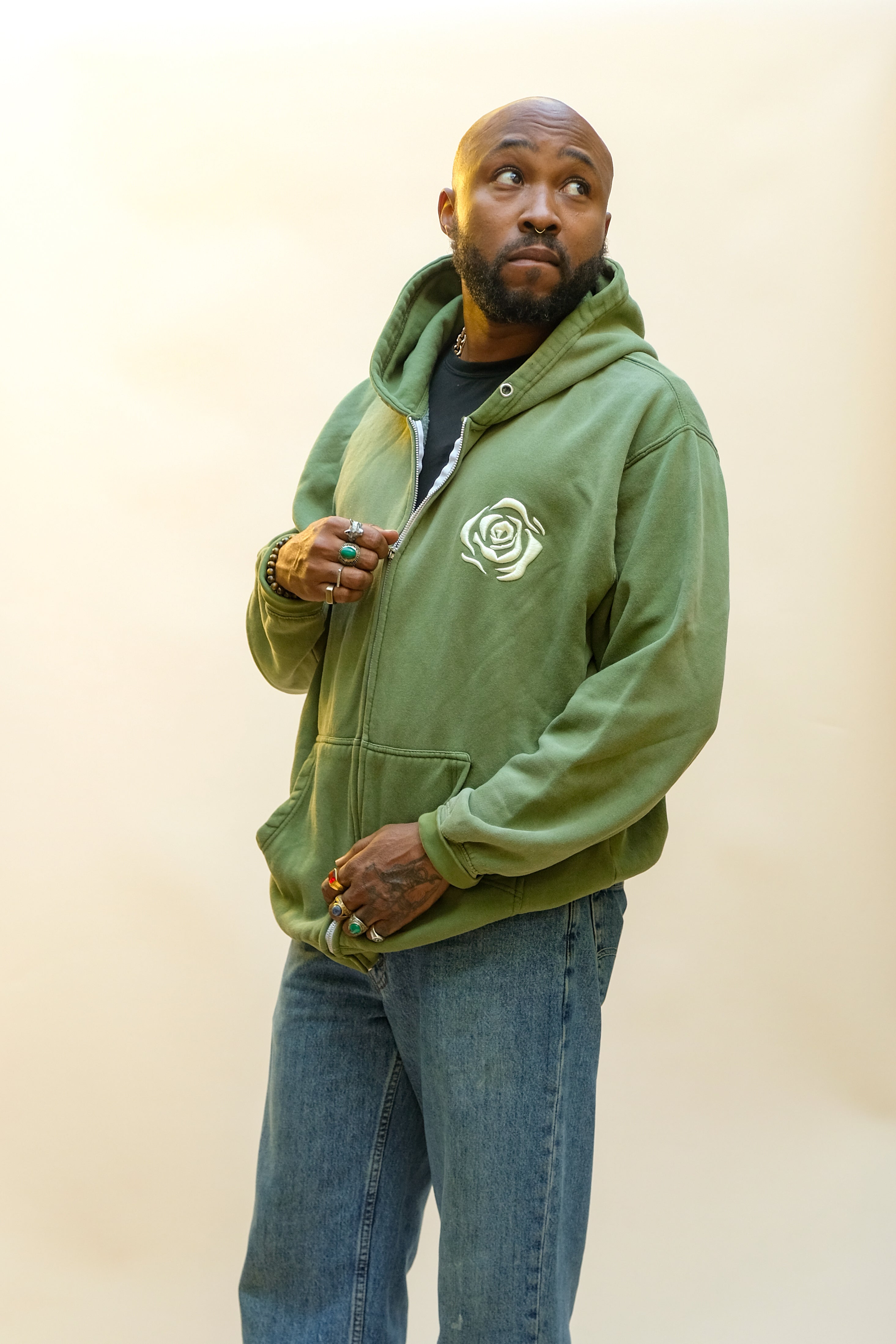 Vintage Olive Green Mineral Wash Rose Zip-Up