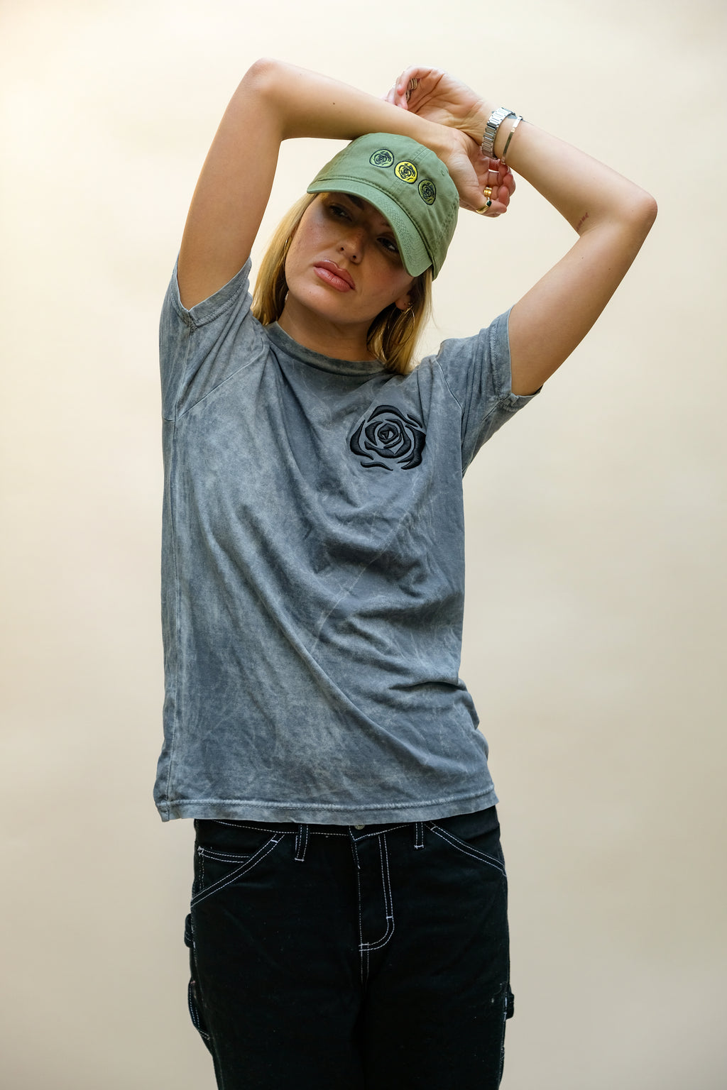 3 Rose Embroidered Vintage Olive Green Dad Cap