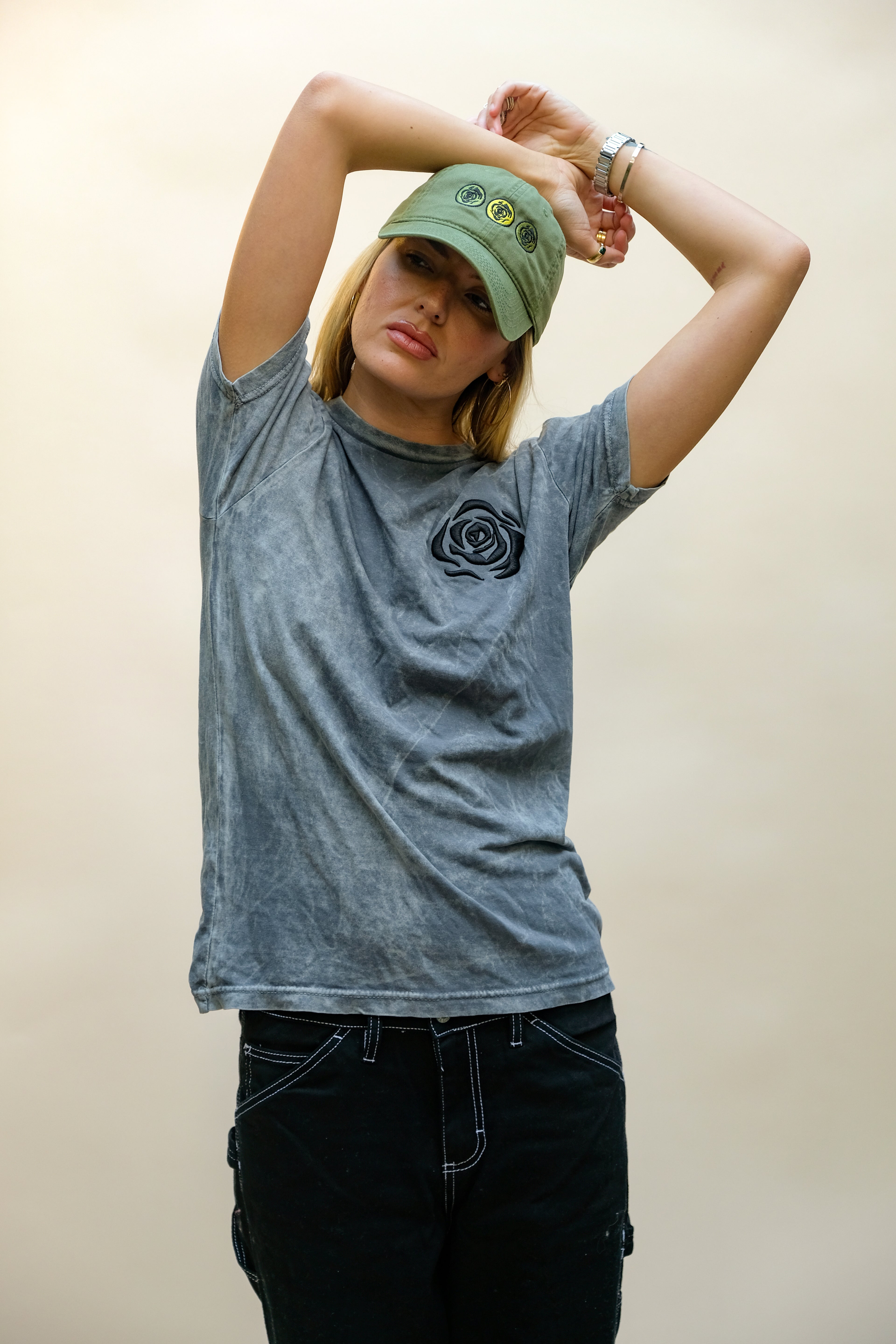 3 Rose Embroidered Vintage Olive Green Dad Cap