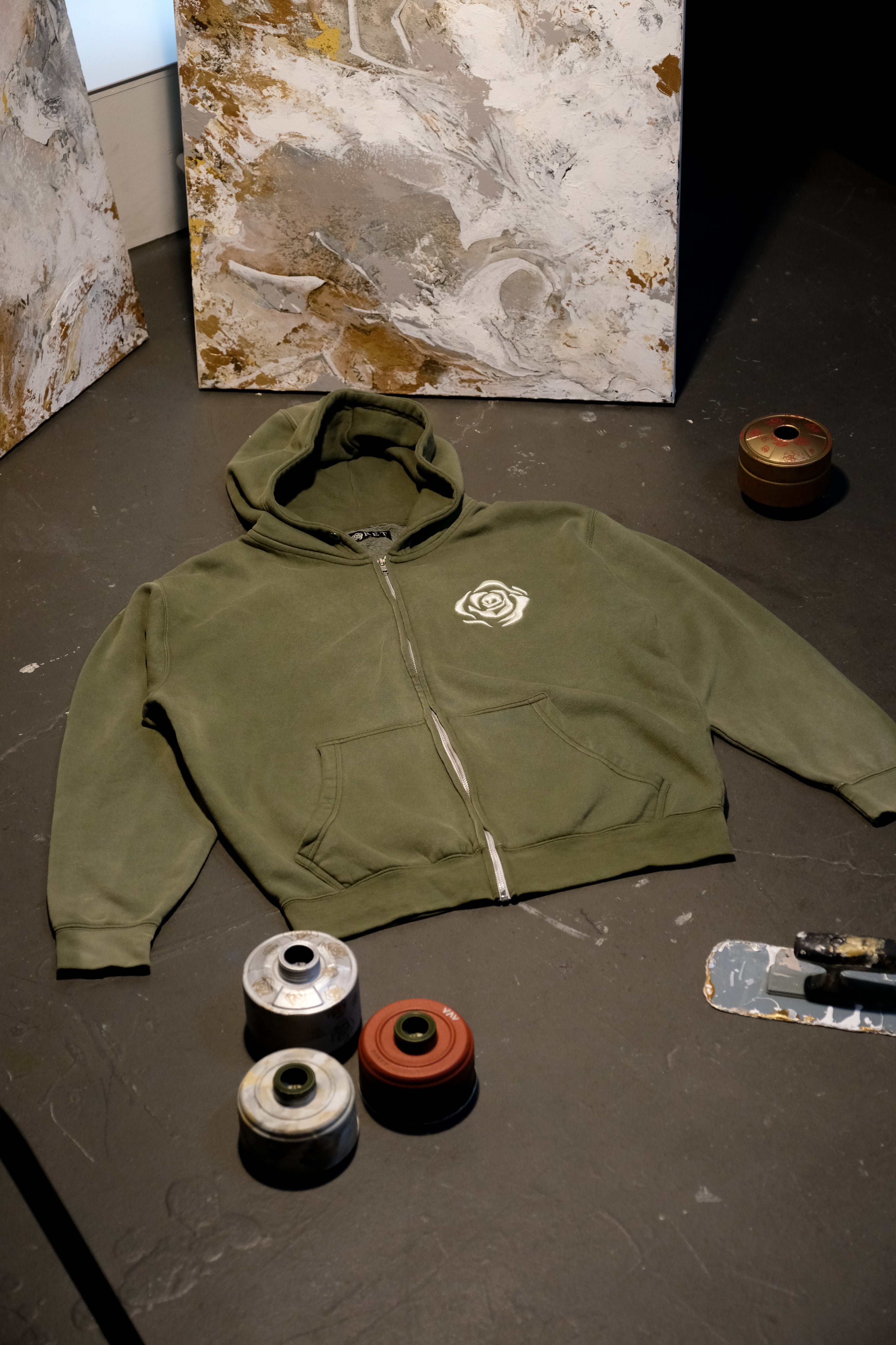 Vintage Olive Green Mineral Wash Rose Zip-Up
