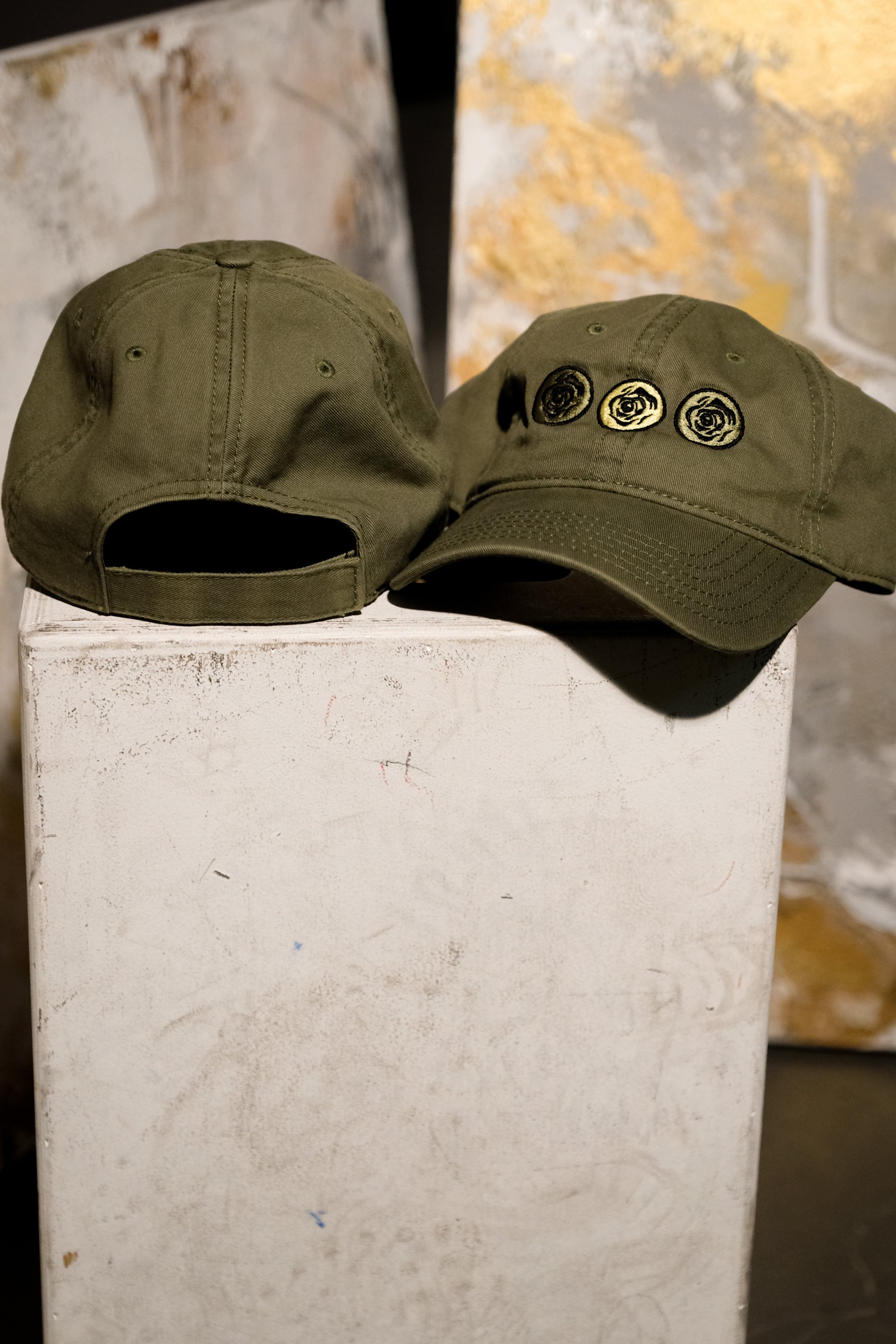 3 Rose Embroidered Vintage Olive Green Dad Cap