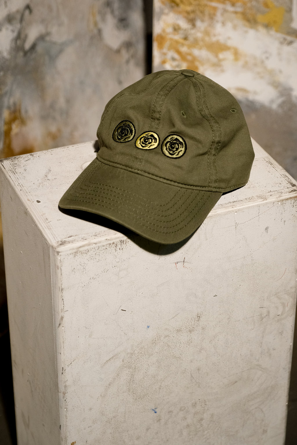 3 Rose Embroidered Vintage Olive Green Dad Cap