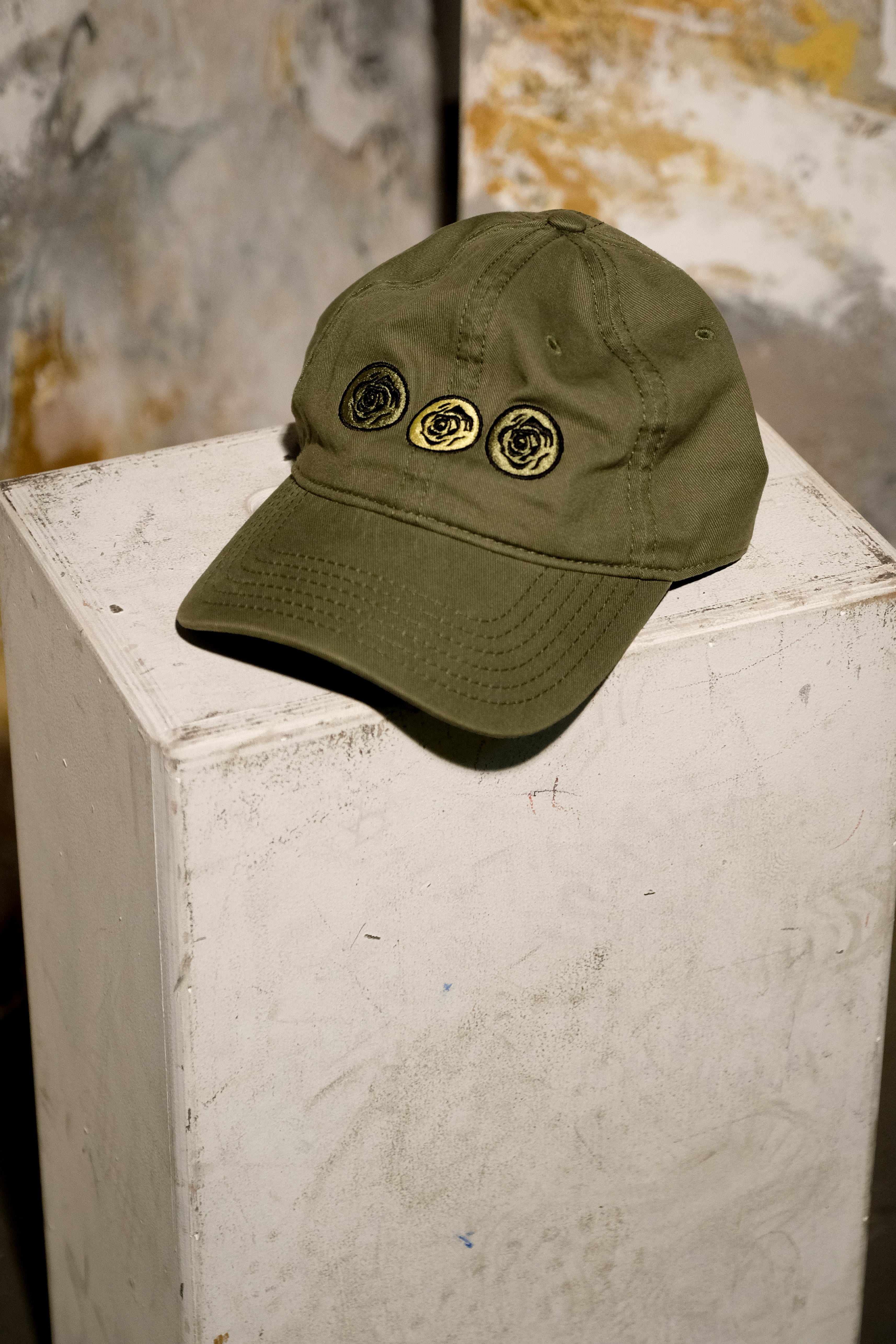3 Rose Embroidered Vintage Olive Green Dad Cap