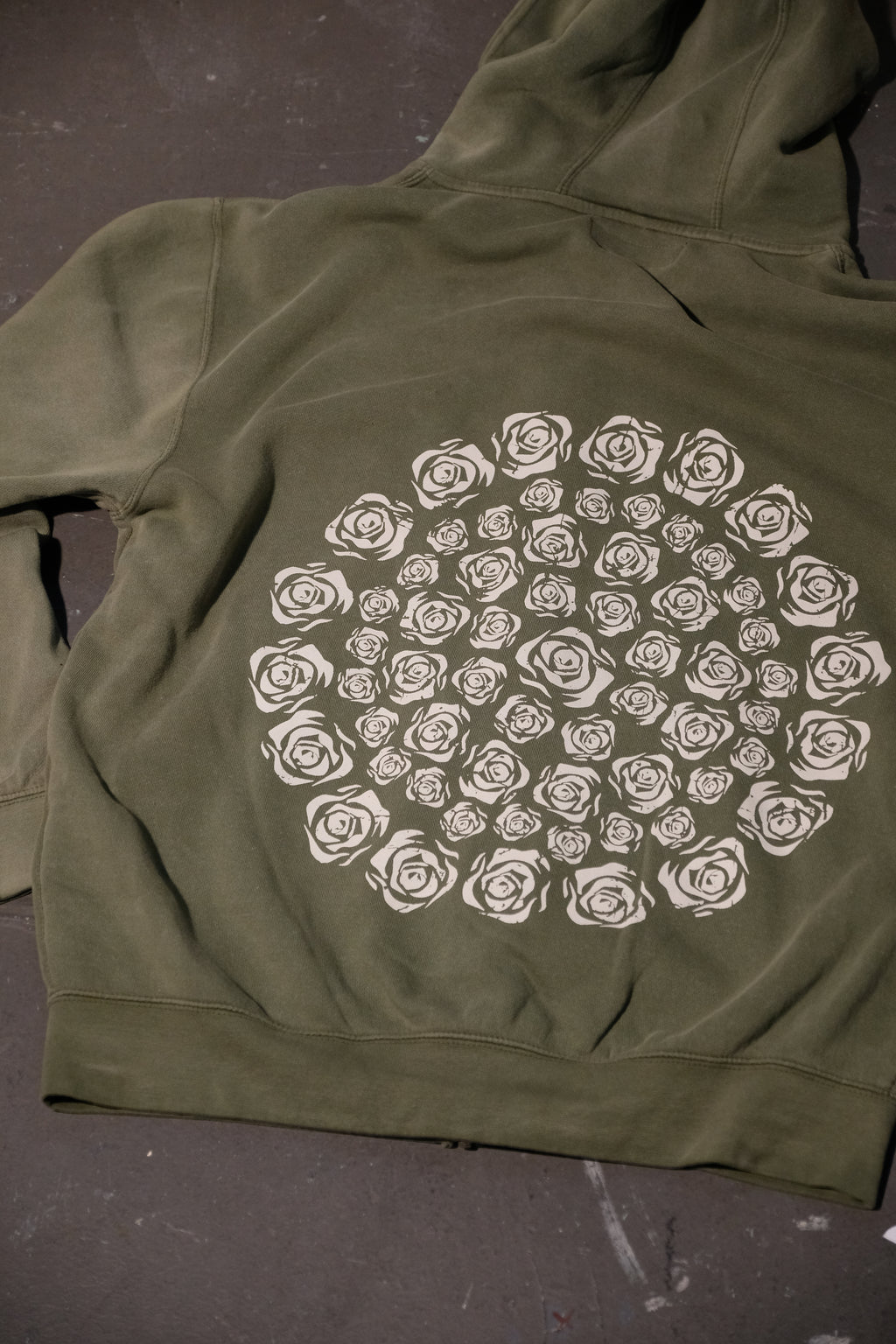 Vintage Olive Green Mineral Wash Rose Zip-Up