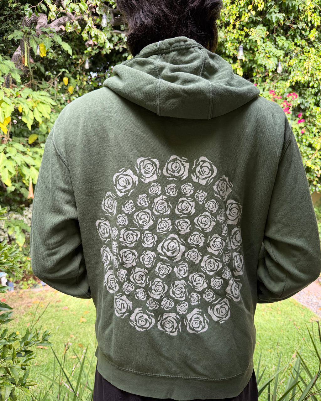 La Petite Fleur Vintage Olive Green Mineral Wash Rose Zip-Up