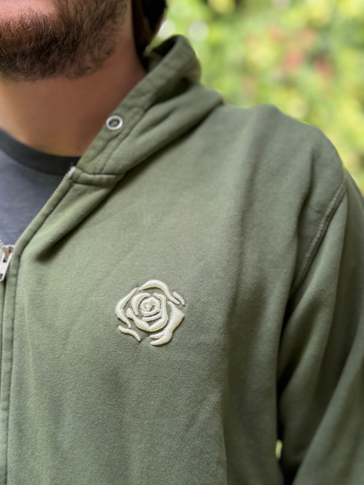 La Petite Fleur Vintage Olive Green Mineral Wash Rose Zip-Up